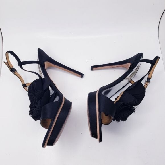 Badgley Mischka Black Adele Flower Ankle Strap Heels Shoes Women's Size 8 - Picture 8 of 11